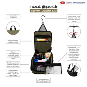 Medium Size Hanging Toiletry Bag with Detachable TSA Compliant Zipper Pocket & Swivel Hook - Green