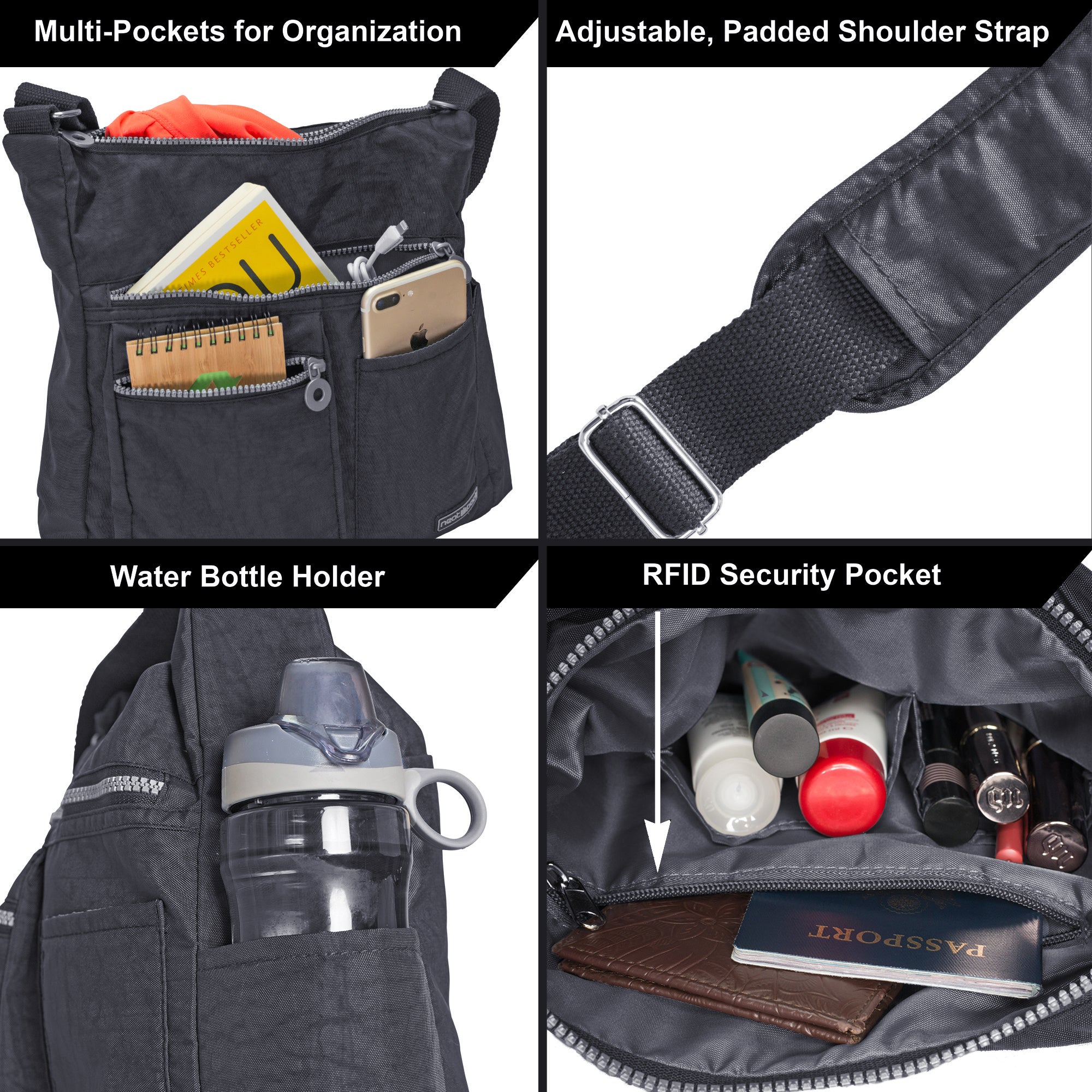 Basic Nylon RFID Multi-Pocket Crossbody Bag - Black