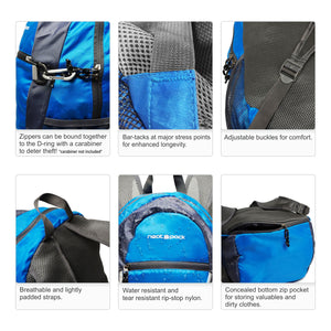 Foldable Nylon Backpack/Daypack with Security Zippers, 20L, Blue
