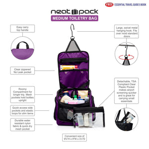 Medium Size Hanging Toiletry Bag with Detachable TSA Compliant Zipper Pocket & Swivel Hook- Purple